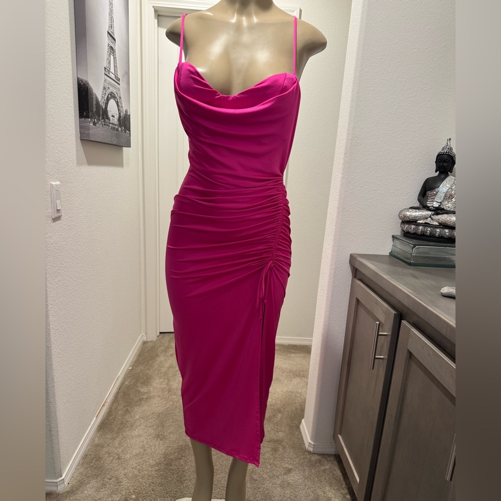 Vibe Hot Pink Asymmetrical Ruched Dress